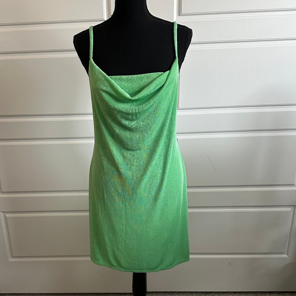 COLLUSION shimmer cowl neck mini slip dress in green